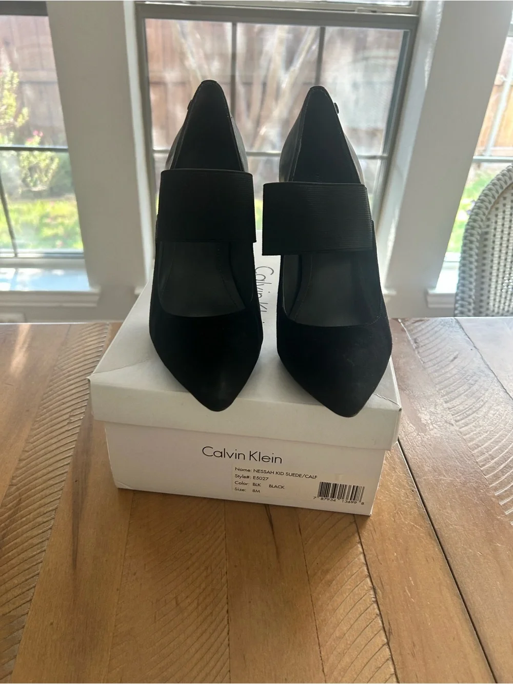 Calvin Klein Black Pointed Toe Stiletto Pumps with Wide Elastic Strap